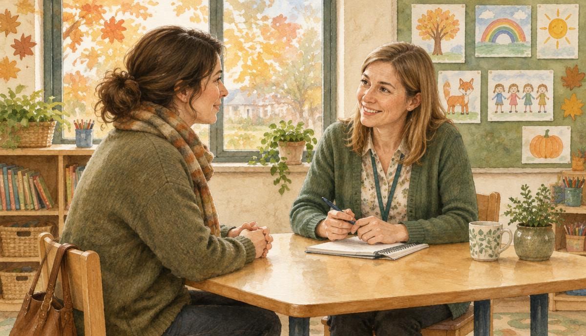 Mutter im ruhigen Gespräch mit einer Grundschullehrerin im herbstlichen Klassenzimmer – Illustration zum Elterngespräch
