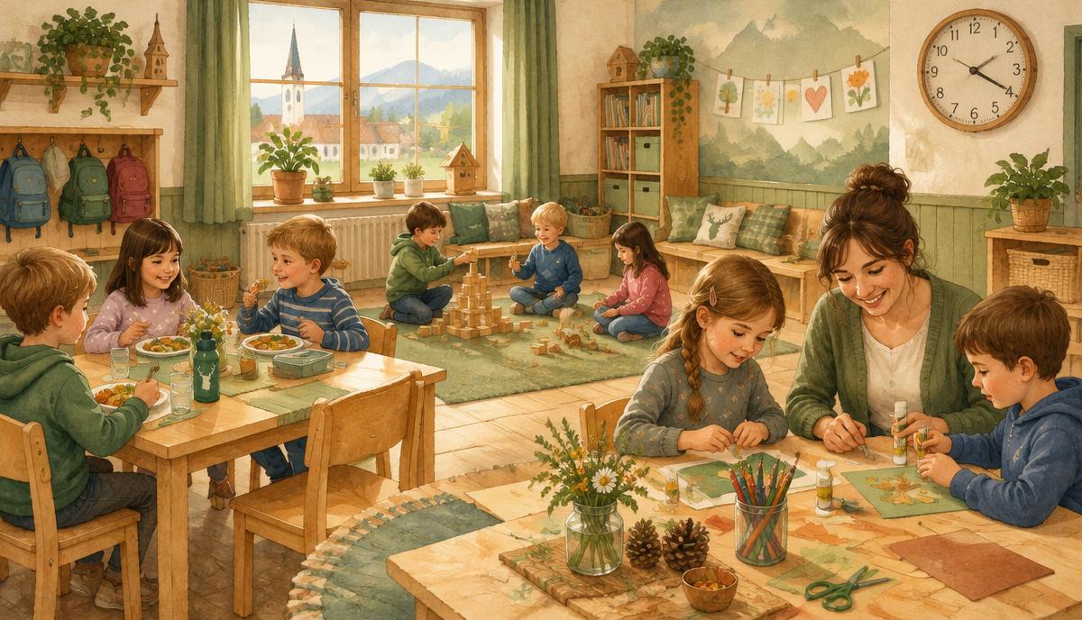 Erstklässler in einer bayerischen Nachmittagsbetreuung beim Mittagessen, Spielen und Basteln mit einer Betreuerin – Illustration zum Ganztag