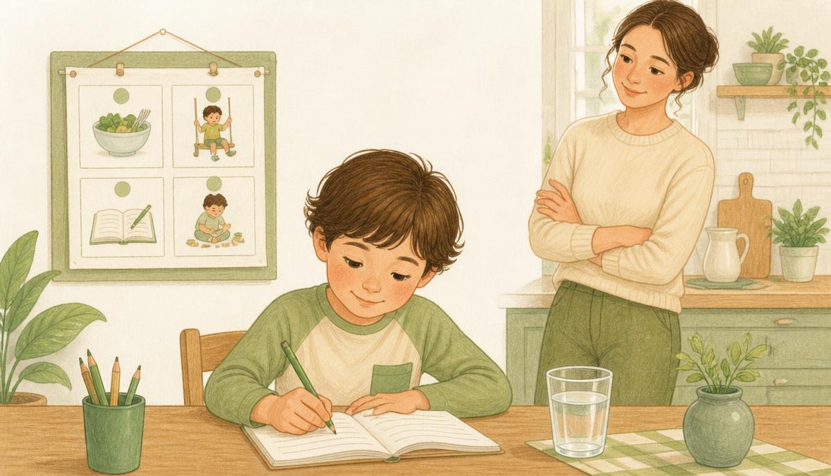Grundschulkind arbeitet ruhig am Küchentisch, daneben ein sichtbarer Tagesplan mit Symbolen – Illustration zum Thema Hausaufgabenritual
