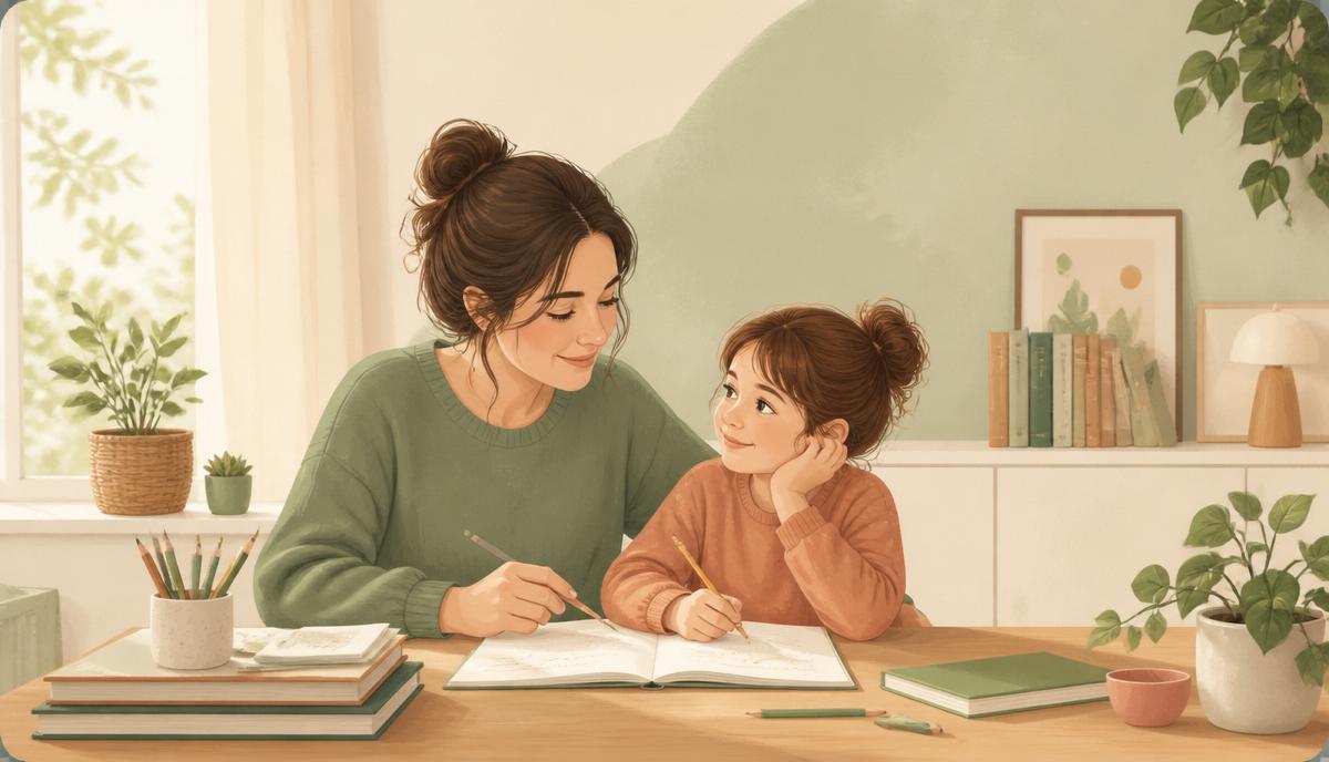 Mutter und Kind sitzen gemeinsam entspannt am Schreibtisch mit Schulbüchern – Illustration zum Thema Hausaufgabenstress in der Grundschule