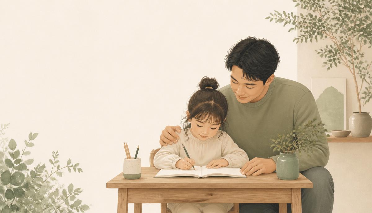 Vater unterstützt Kind geduldig beim Lernen am Schreibtisch – Illustration zum Thema Lernverweigerung und Hausaufgaben