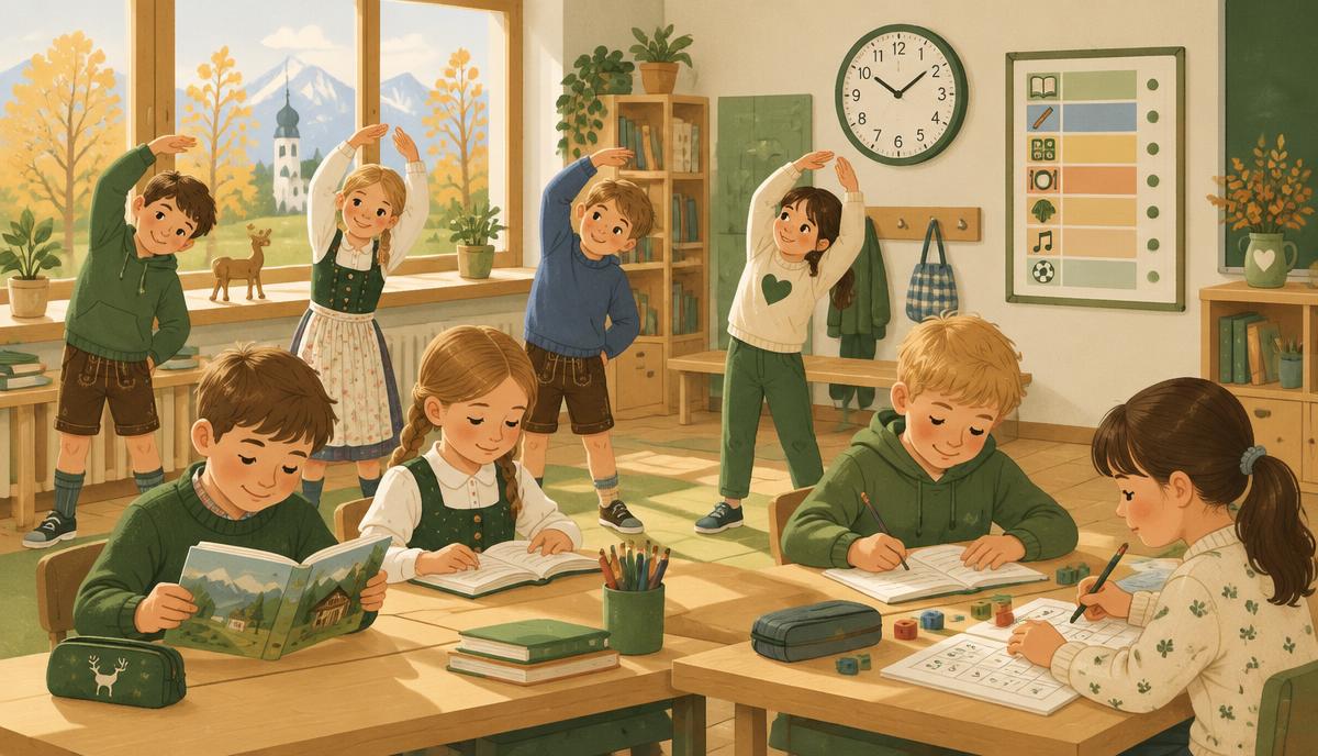 Grundschulkinder in Bayern beim Lesen, Rechnen und bei einer Bewegungspause im Klassenzimmer – Illustration zu mehr Unterricht
