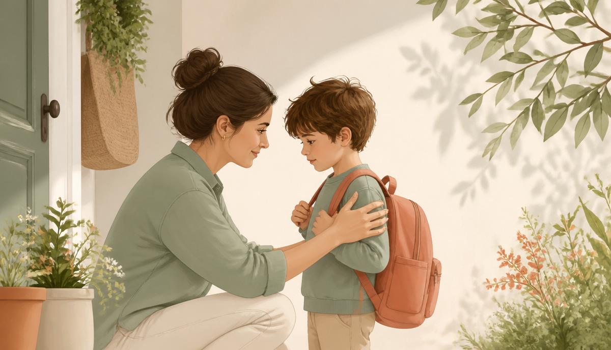 Mutter tröstet besorgtes Kind mit Schulranzen vor der Haustür – Illustration zum Thema Schulangst in der Grundschule