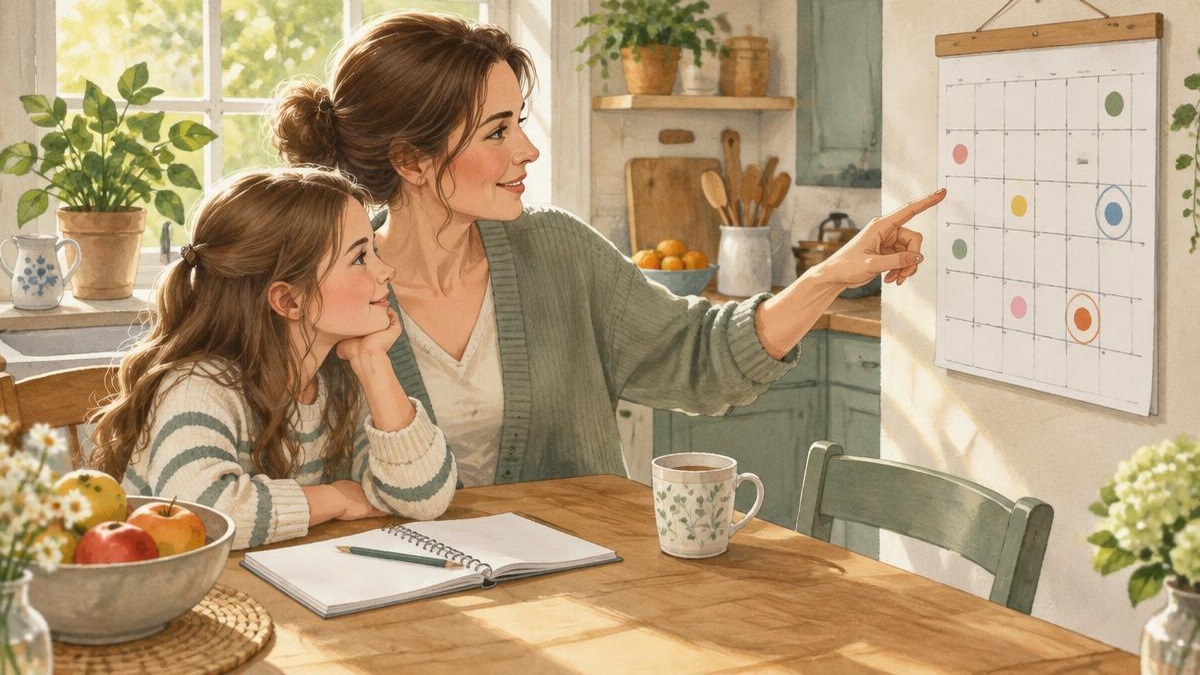 Viertklässlerin und Elternteil schauen am Küchentisch gemeinsam auf einen Wandkalender mit markierten Terminen – Illustration zum Übertrittsjahr in Bayern