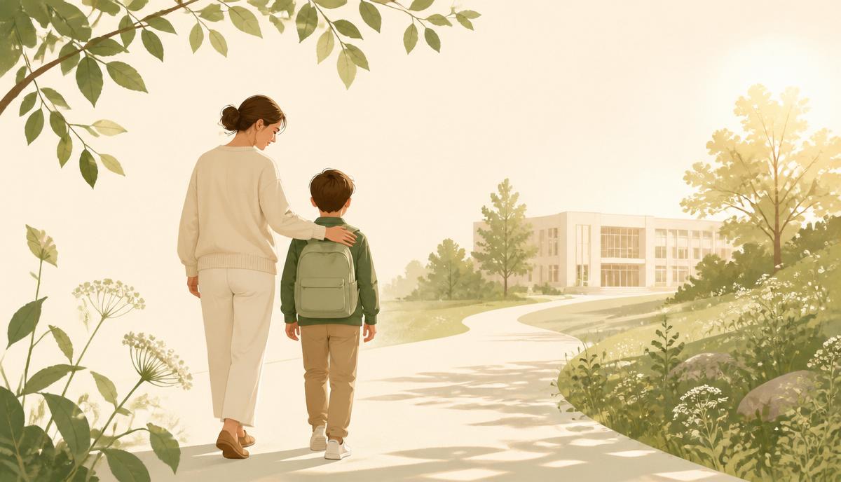 Mutter begleitet Kind mit Schulranzen auf einem sonnigen Weg zur Schule – Illustration zum Thema Übertritt aufs Gymnasium in Bayern