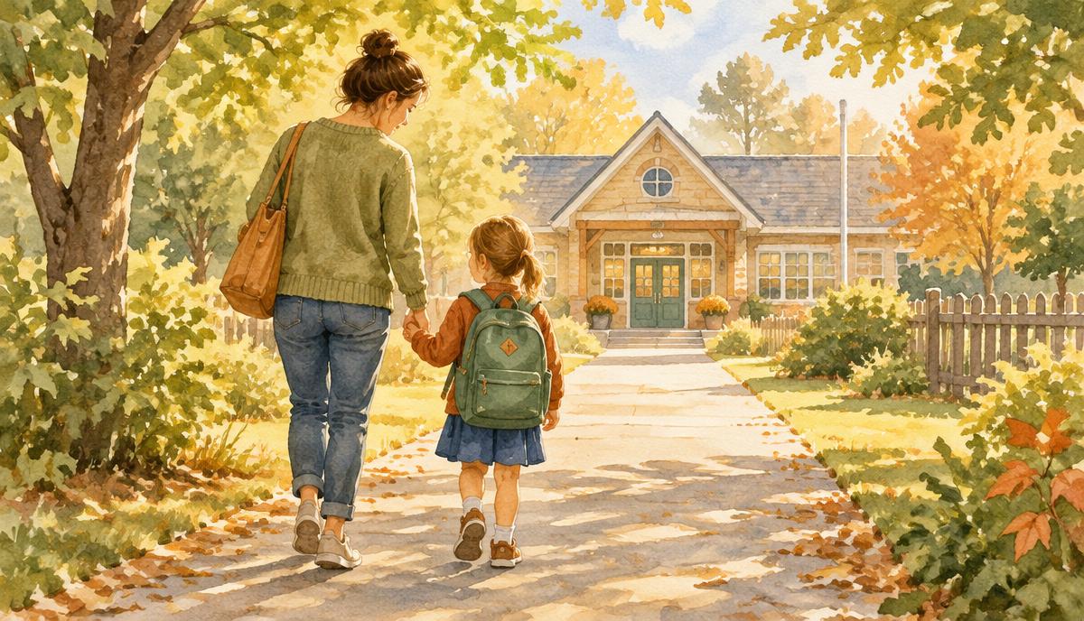 Erstklässlerin mit Schulranzen geht an der Hand ihrer Mutter auf dem Schulweg zur Grundschule – Illustration zum Schulstart in Bayern