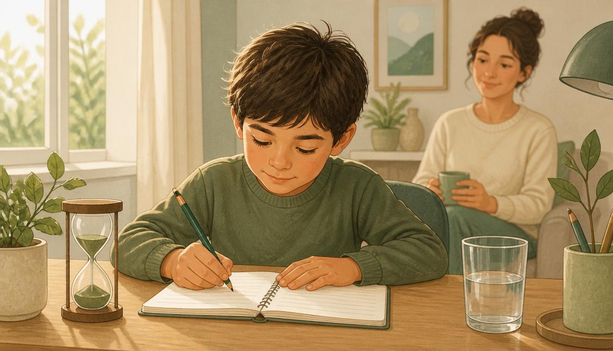 Grundschulkind arbeitet konzentriert an einem aufgeräumten Schreibtisch – Illustration zum Thema Konzentration in der Grundschule