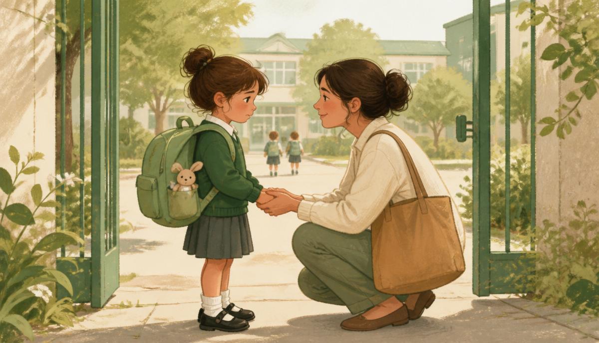 Mutter begleitet ihr Grundschulkind einfühlsam zum Schultor – Illustration zum Thema Schulangst in der Grundschule
